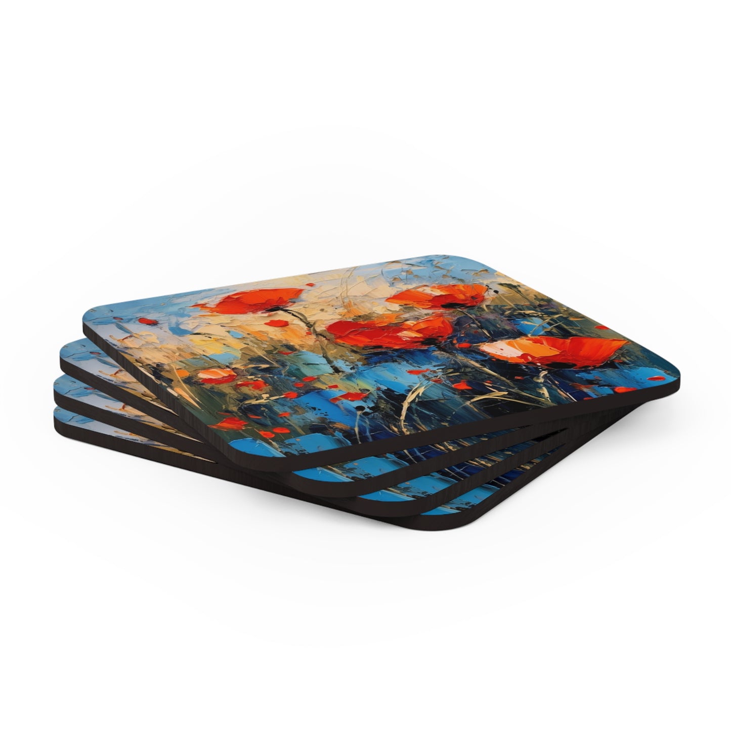 Corkwood Coaster Set Paradise: Abstract Poppy Artwork and Flower Drawings