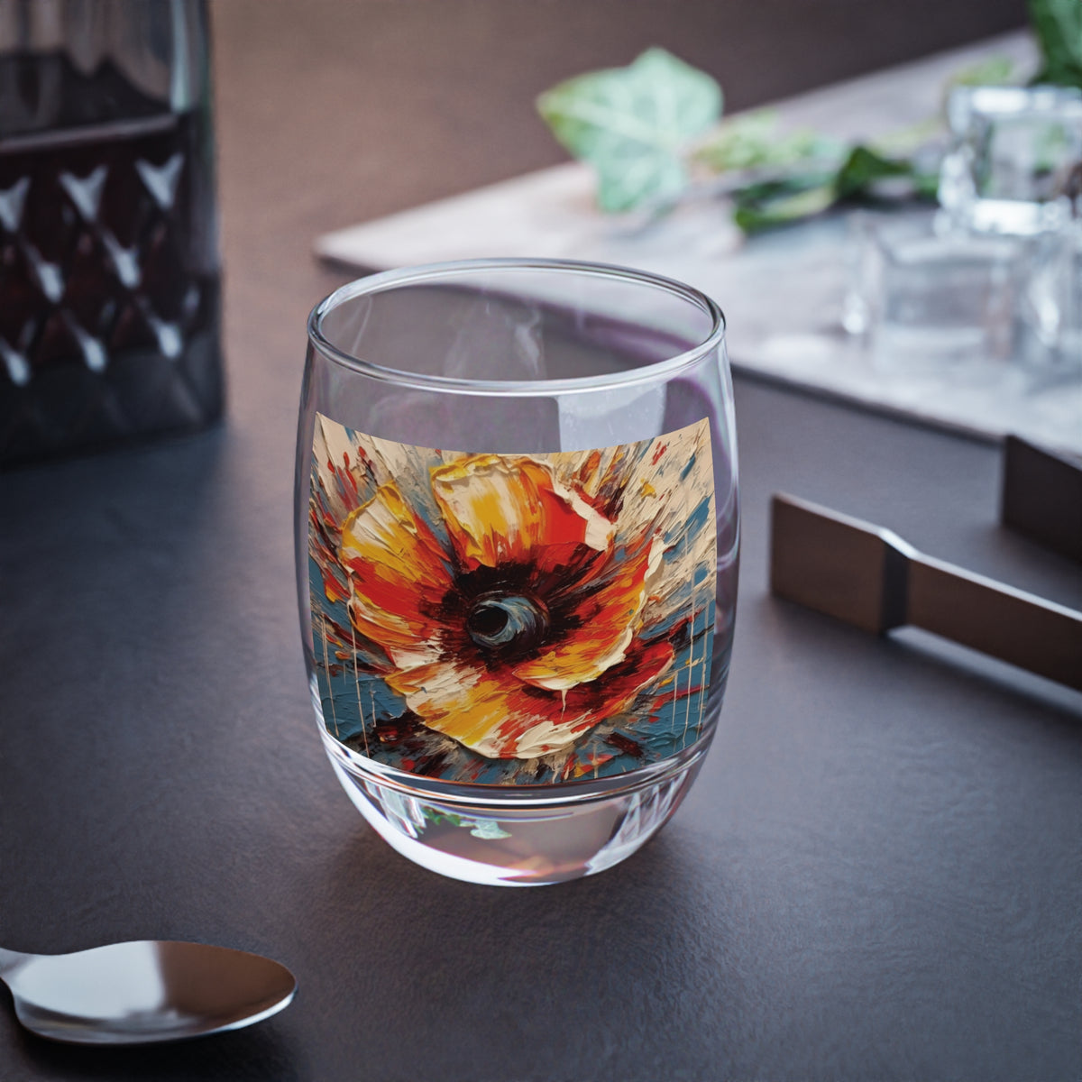 Poppy Symphony: Whiskey Glass with Abstract Floral Artwork