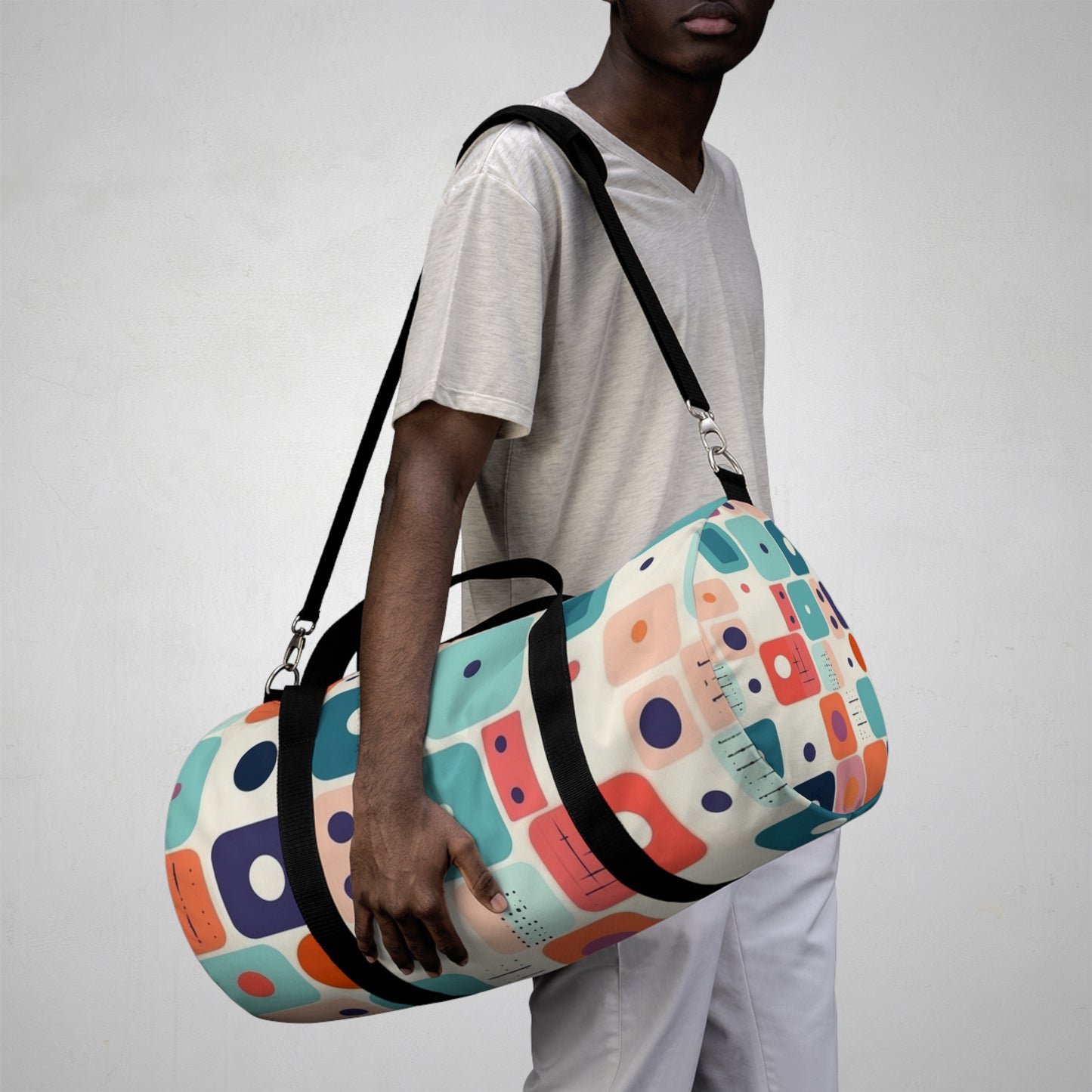 Retro Chic: Atomic Age-Inspired Duffel Bag with Midcentury Modern Design and 1960s Fashion