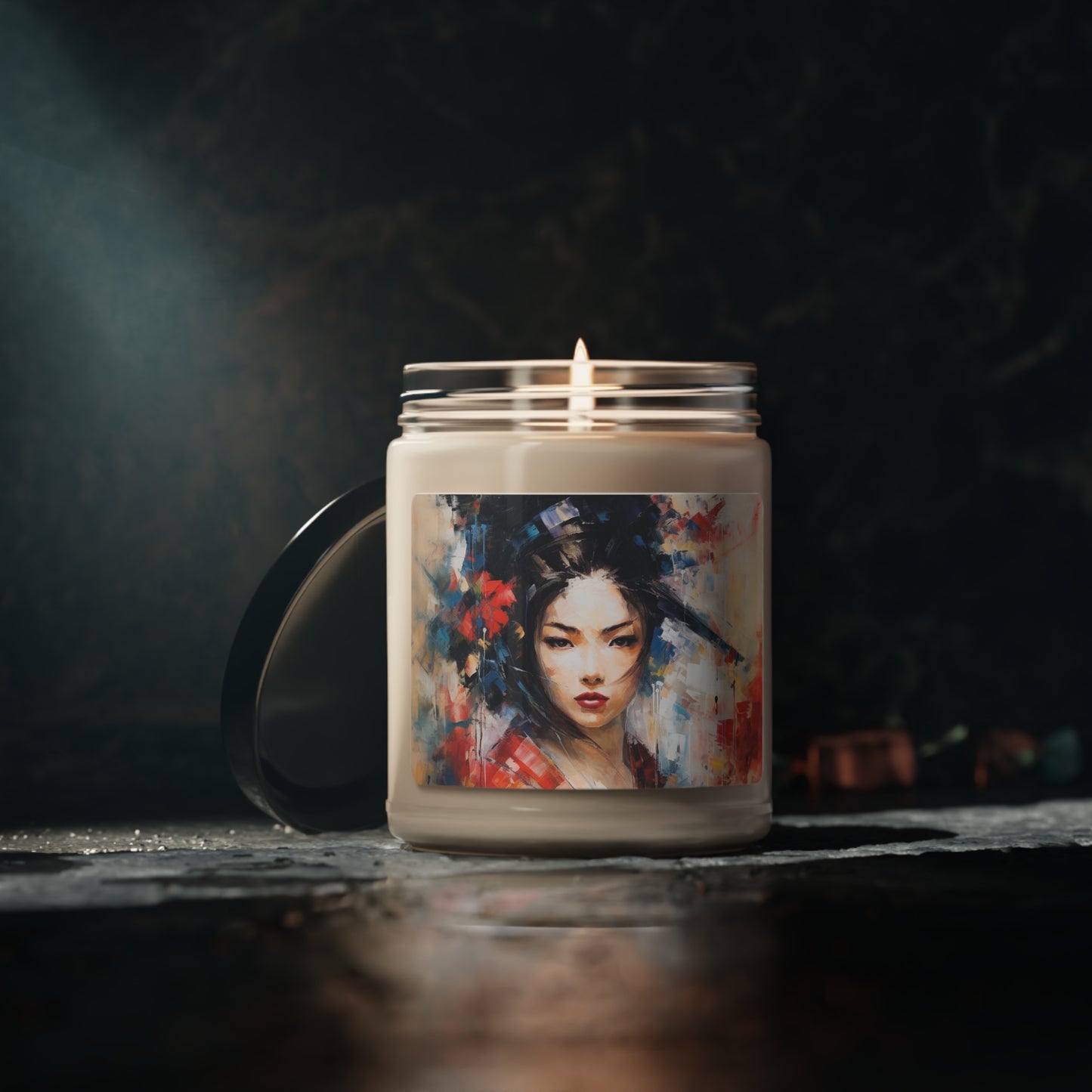 Abstract Geisha Art Scented Soy Candle: Captivating Brushstrokes in a Japanese Aesthetic