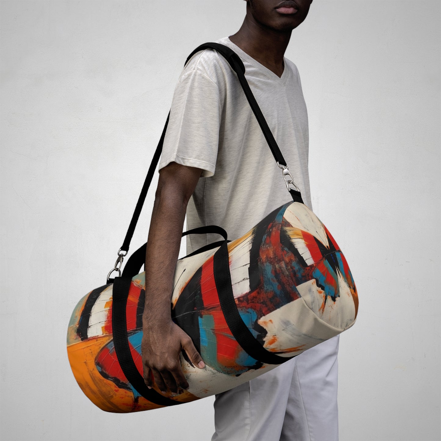 Bauhaus-Inspired Butterfly Symphony: Duffel Bag with Vibrant Colors and Intricate Details