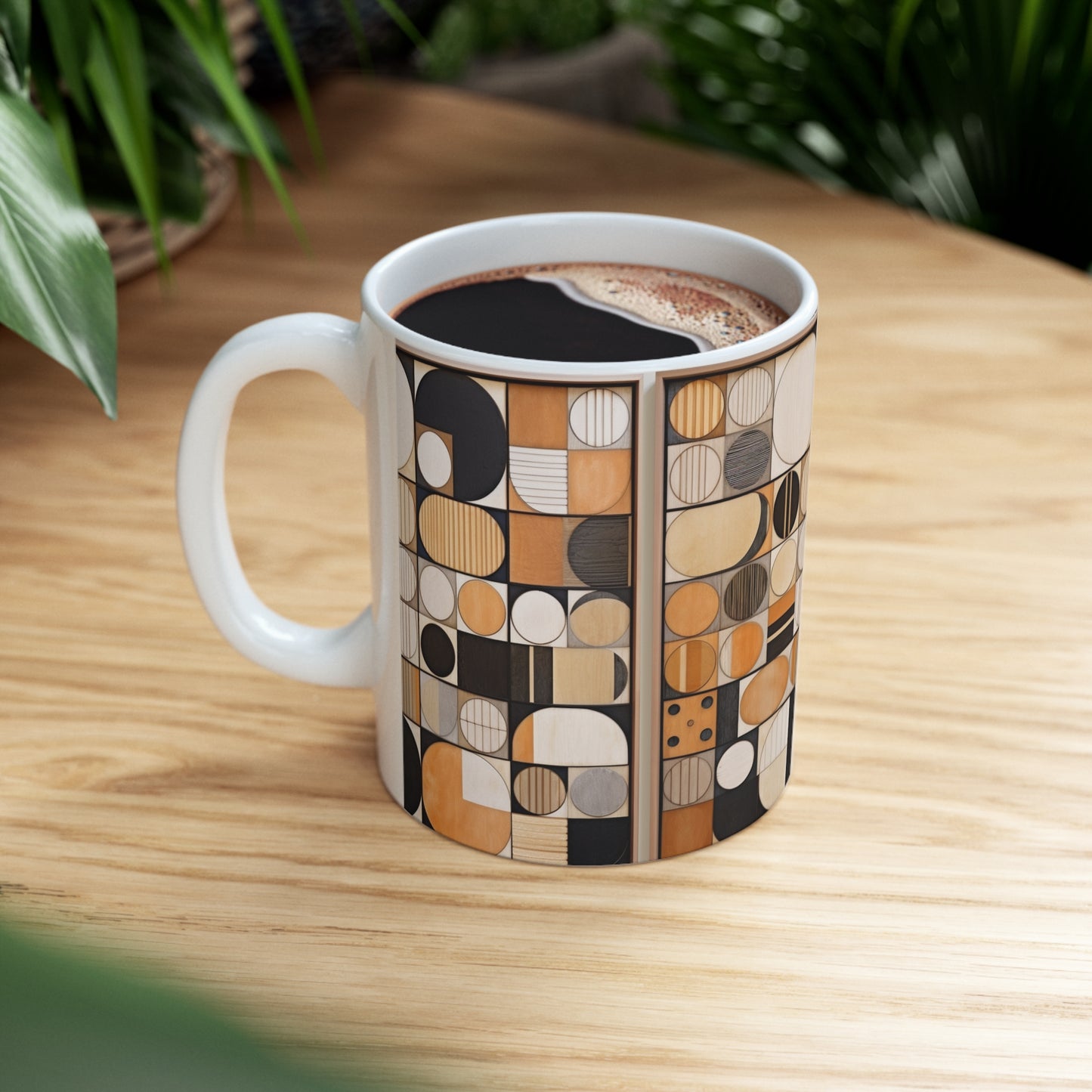 Circular Mosaic Ceramic Mug: Geometric Simplicity in Earthy Tones