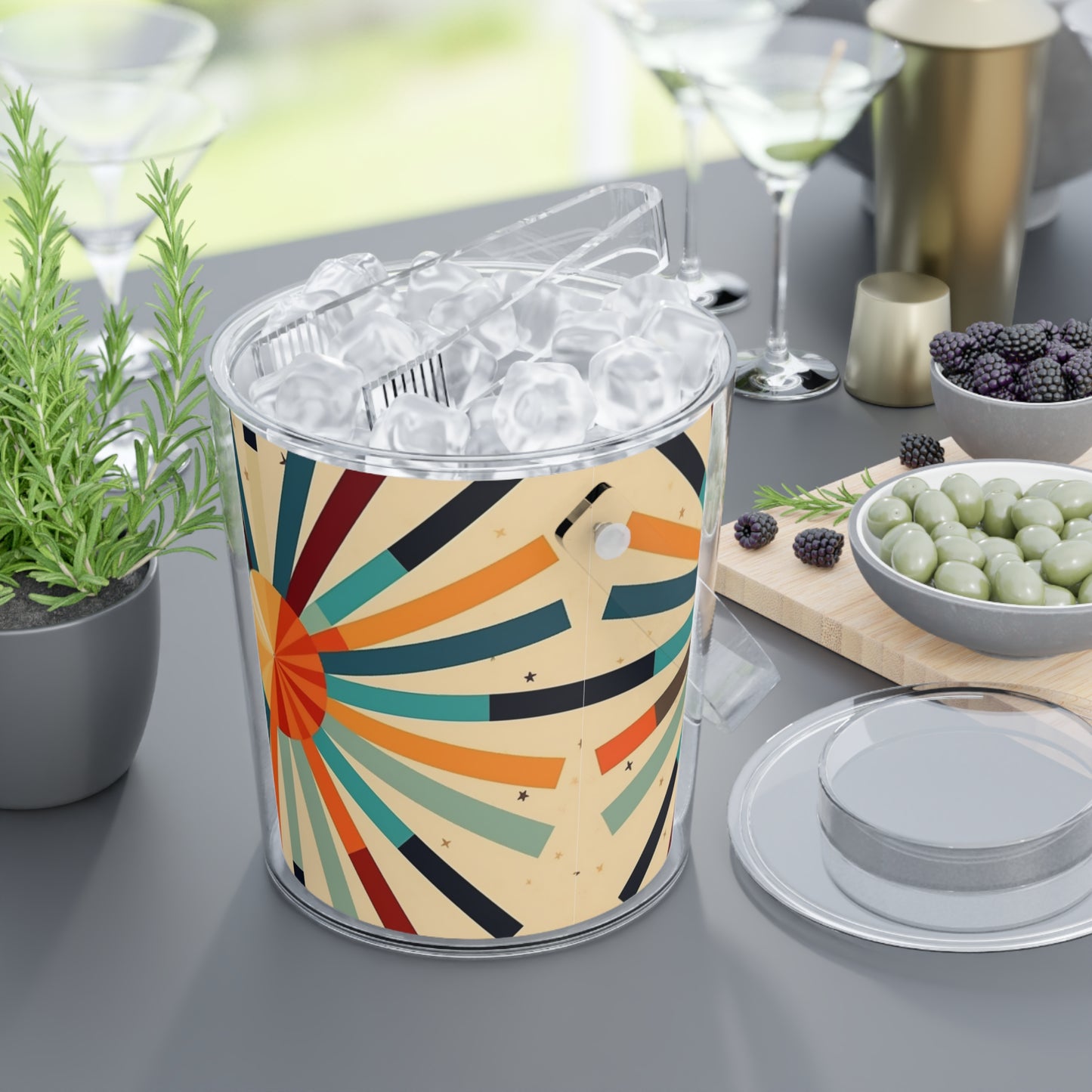 Artistic Abstractions: Starburst Candy Colored Ice Bucket with Tongs for Modern Abstract Art Lovers
