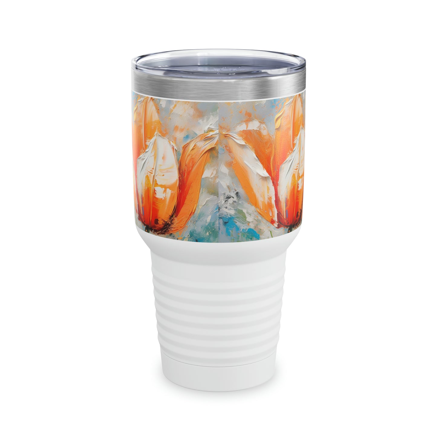 Ringneck Tumbler with Vibrant Orange Tulip: Nature's Beauty in Abstract Artistry