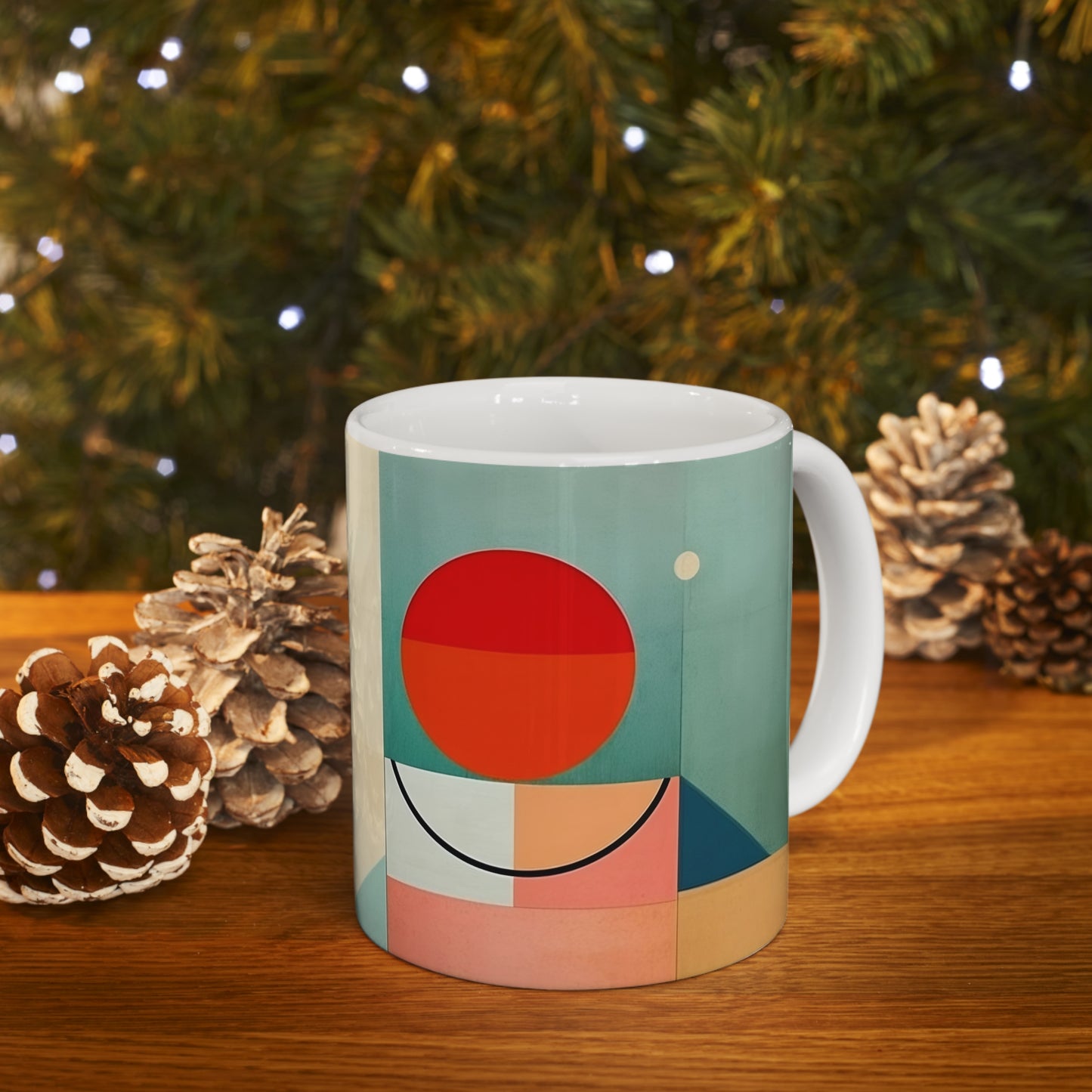 Abstract Geometric Fusion: Modern Art Mug Inspired by Atomic Age Design
