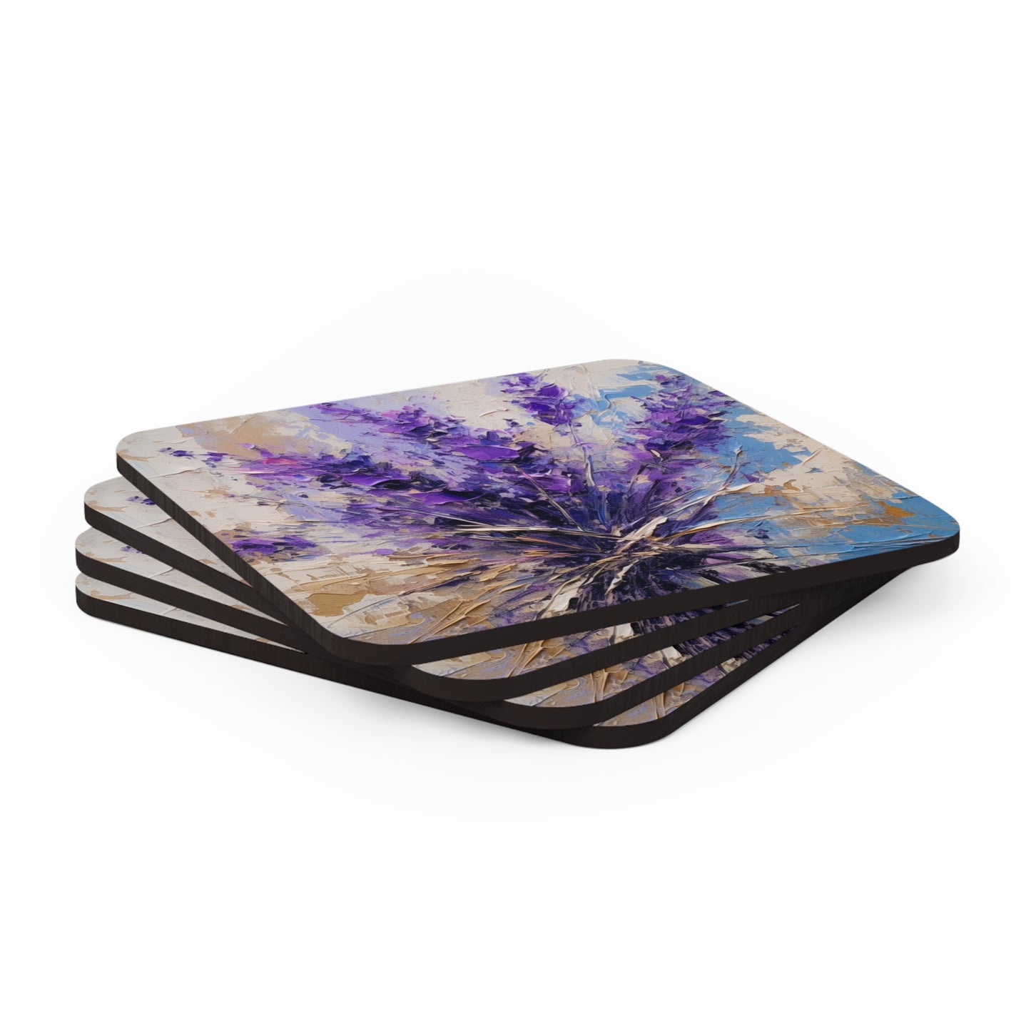 Vibrant Lavender Art on Corkwood Coaster Set: A Floral Delight for Your Senses