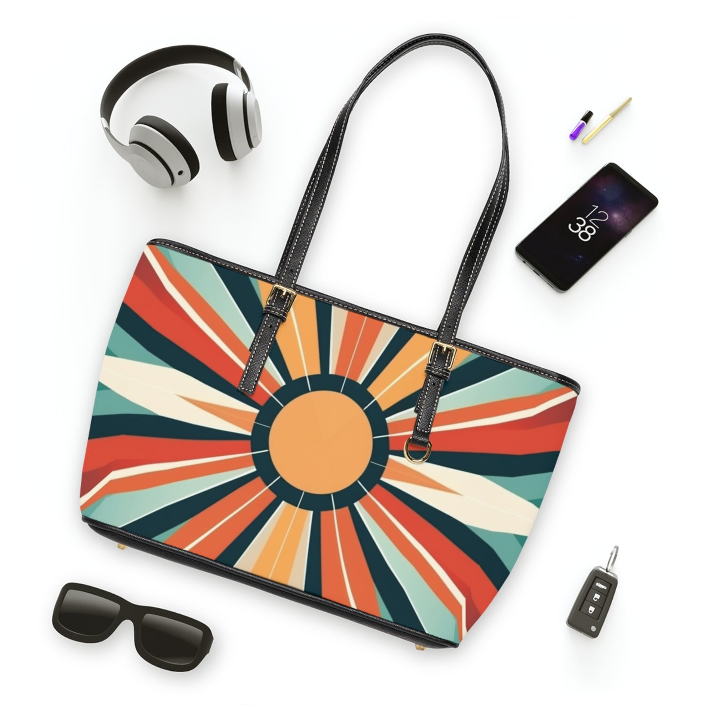 Atomic Age Luxury: Midcentury Modern Brown Leather Shoulder Bag in Starburst Candy Colored