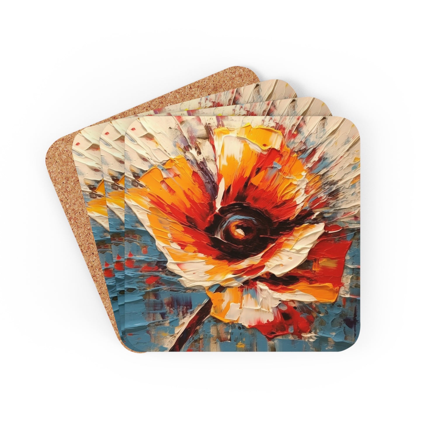 Artistic Awakening: Corkwood Coaster Set Infused with Poppy-Inspired Abstract Art