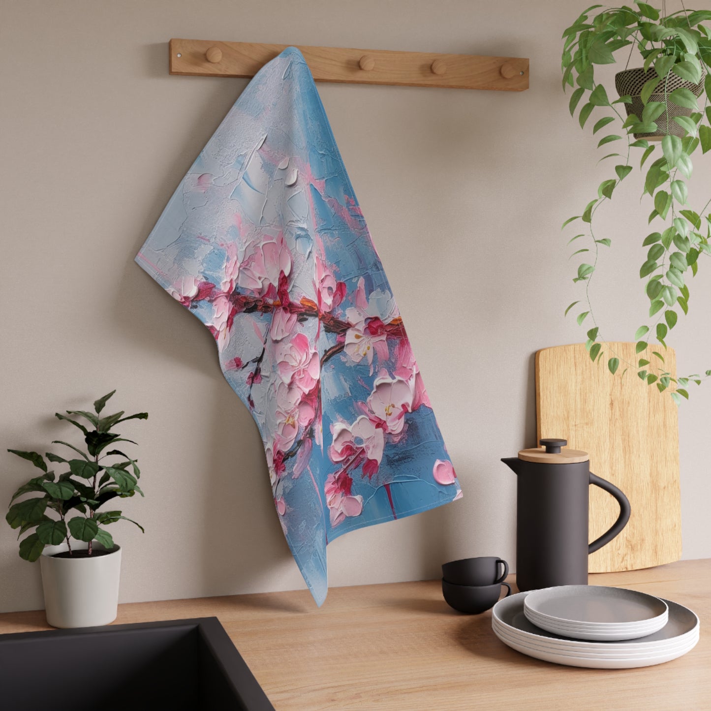 Kitchen Towel with Abstract Cherry Blossom Drawing: Embrace the Serenity