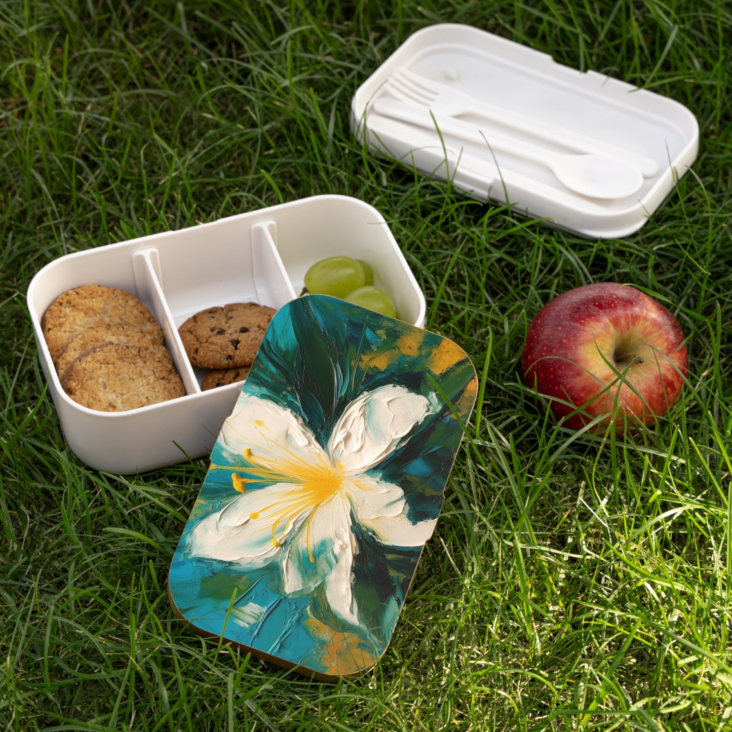 Floral Symphony: Bento Box featuring an Abstract Oil Painting of Jasmine