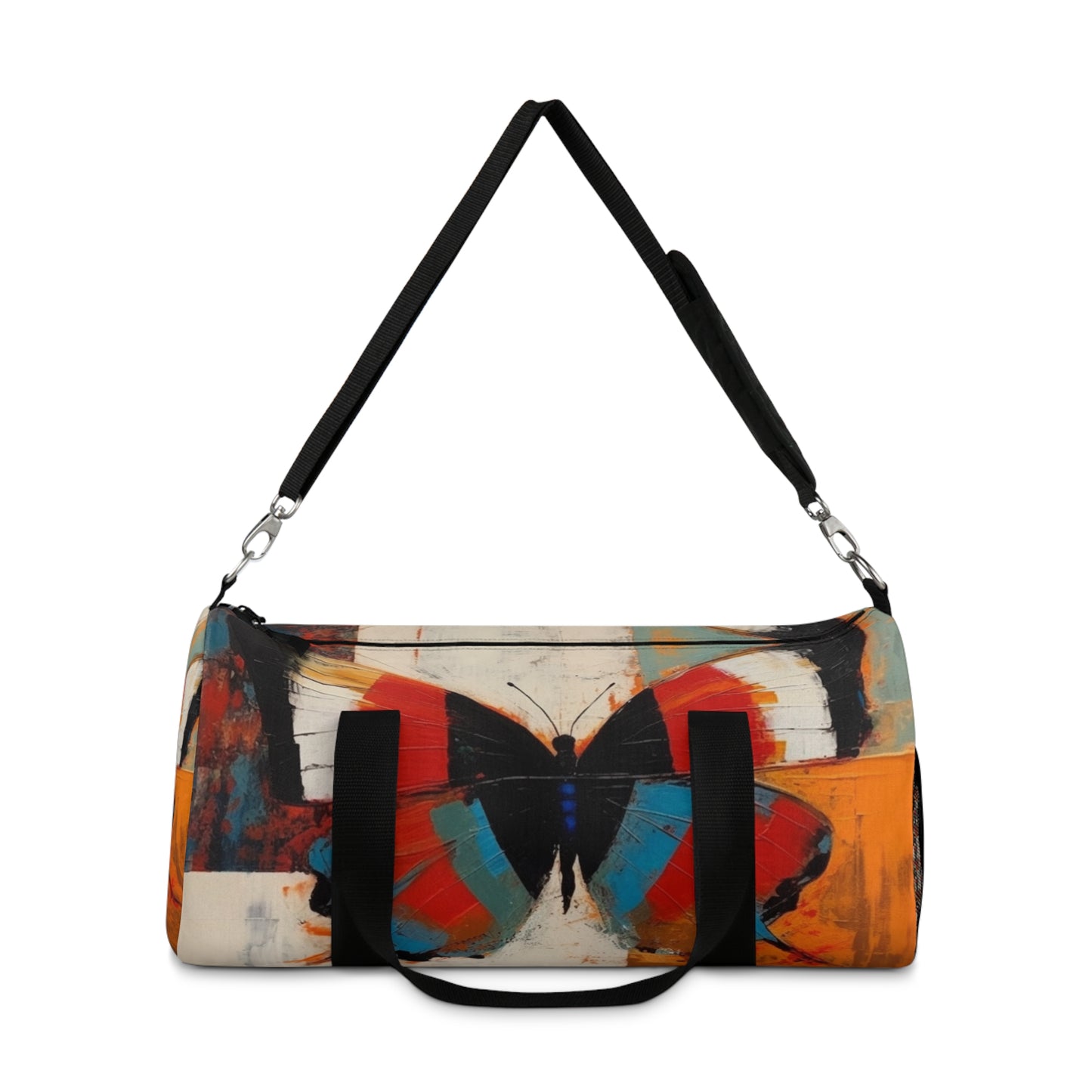 Bauhaus-Inspired Butterfly Symphony: Duffel Bag with Vibrant Colors and Intricate Details