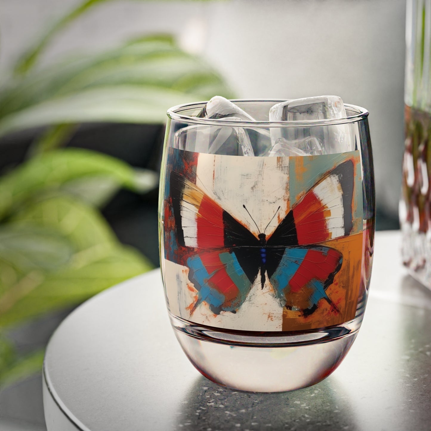 Bauhaus-Inspired Butterfly Symphony: Whiskey Glass with Vibrant Colors and Intricate Details