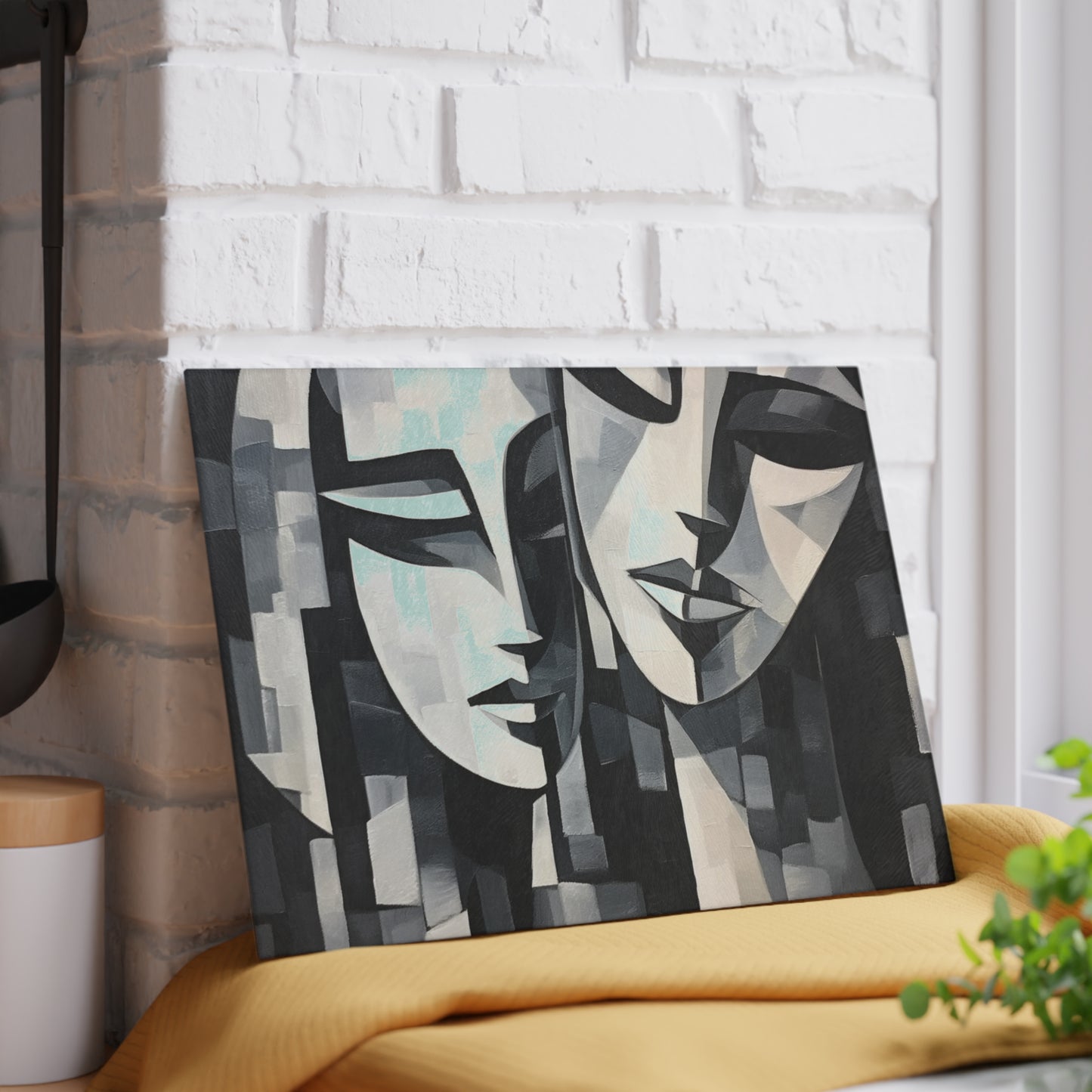 Abstract Oil Paint Glass Cutting Board: Cubist Artistry in a Portable Masterpiece