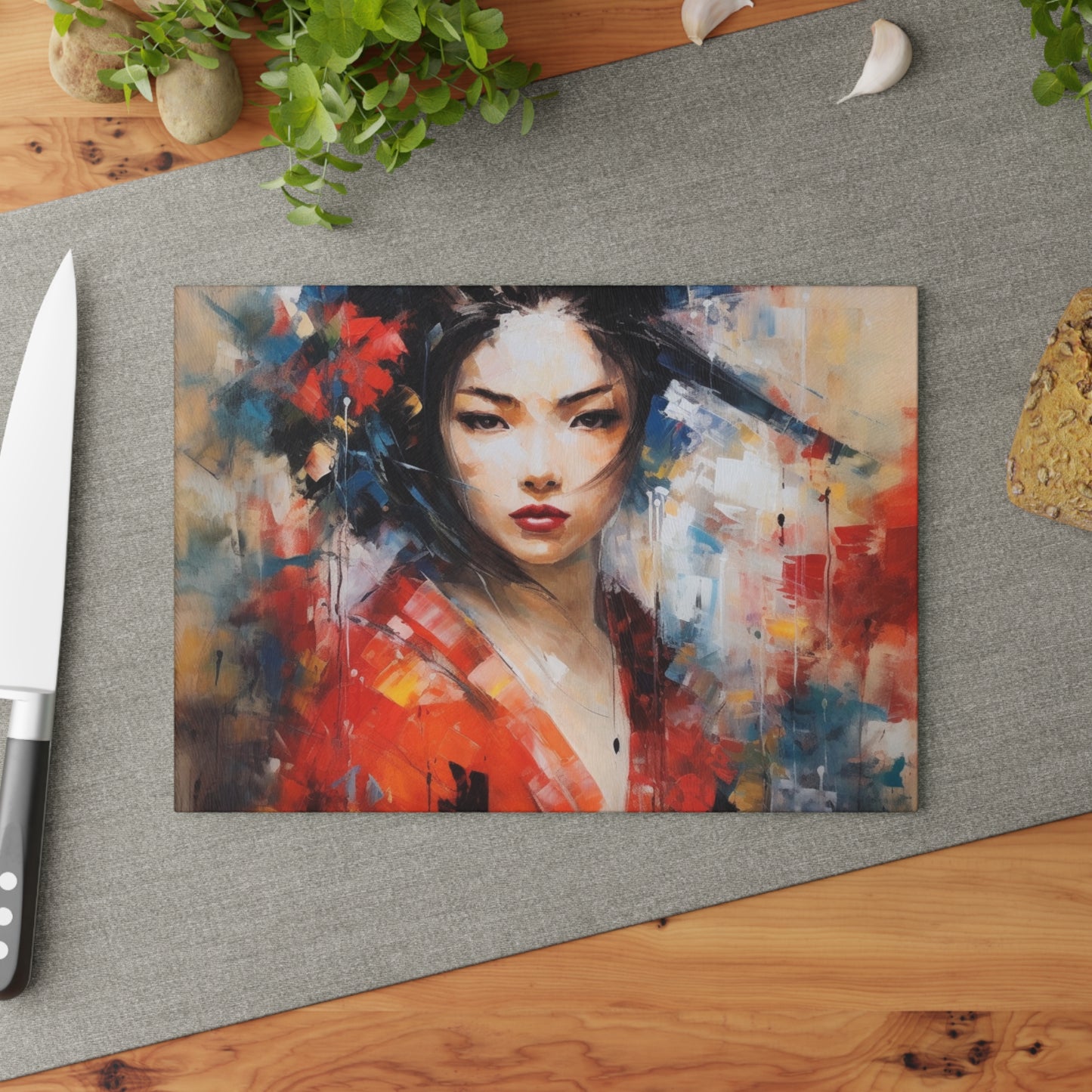 Abstract Geisha Art Glass Cutting Board: Captivating Brushstrokes in a Japanese Aesthetic
