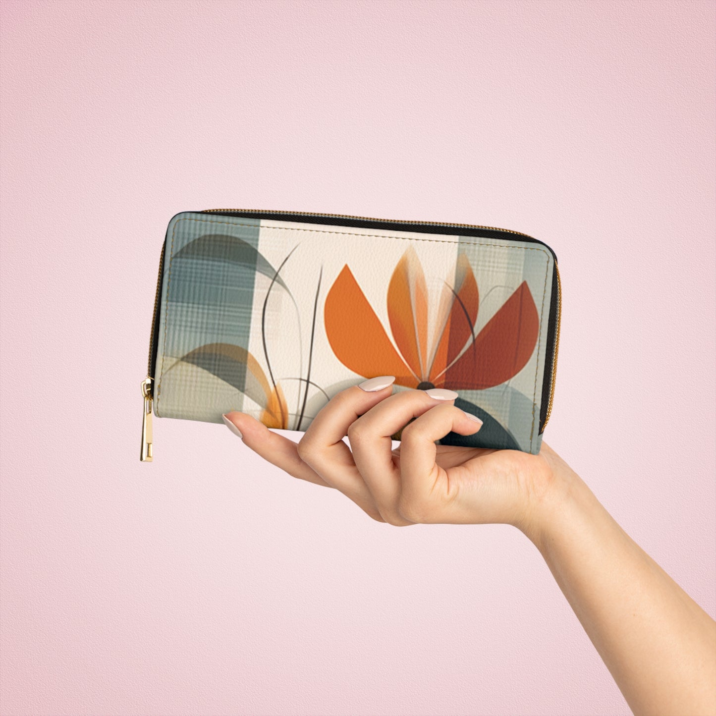 Botanical Chic: Flower Drawings and Minimalist Zipper Wallet Design with Midcentury Flair