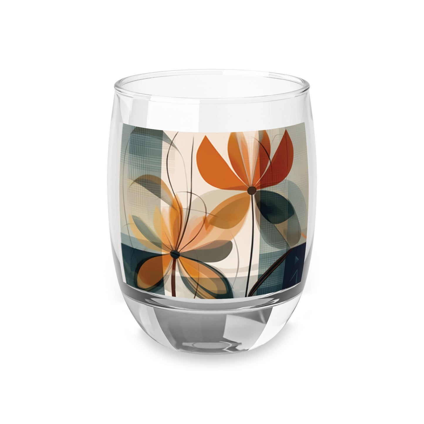 Botanical Chic: Flower Drawings and Minimalist Whiskey Glass Design with Midcentury Flair