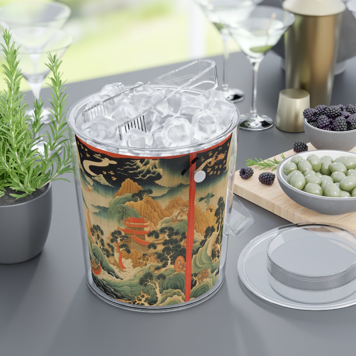 Harmony of the Elements: Japanese Tapestry-Inspired Ice Bucket with Tongs