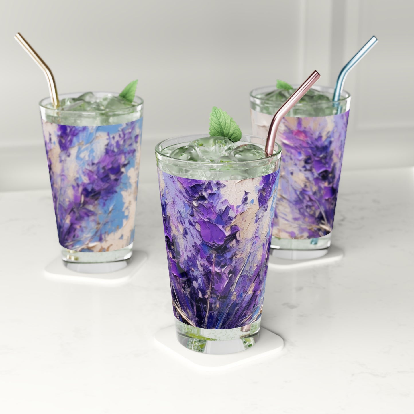 Vibrant Lavender Art on Pint Glass: A Floral Delight for Your Senses