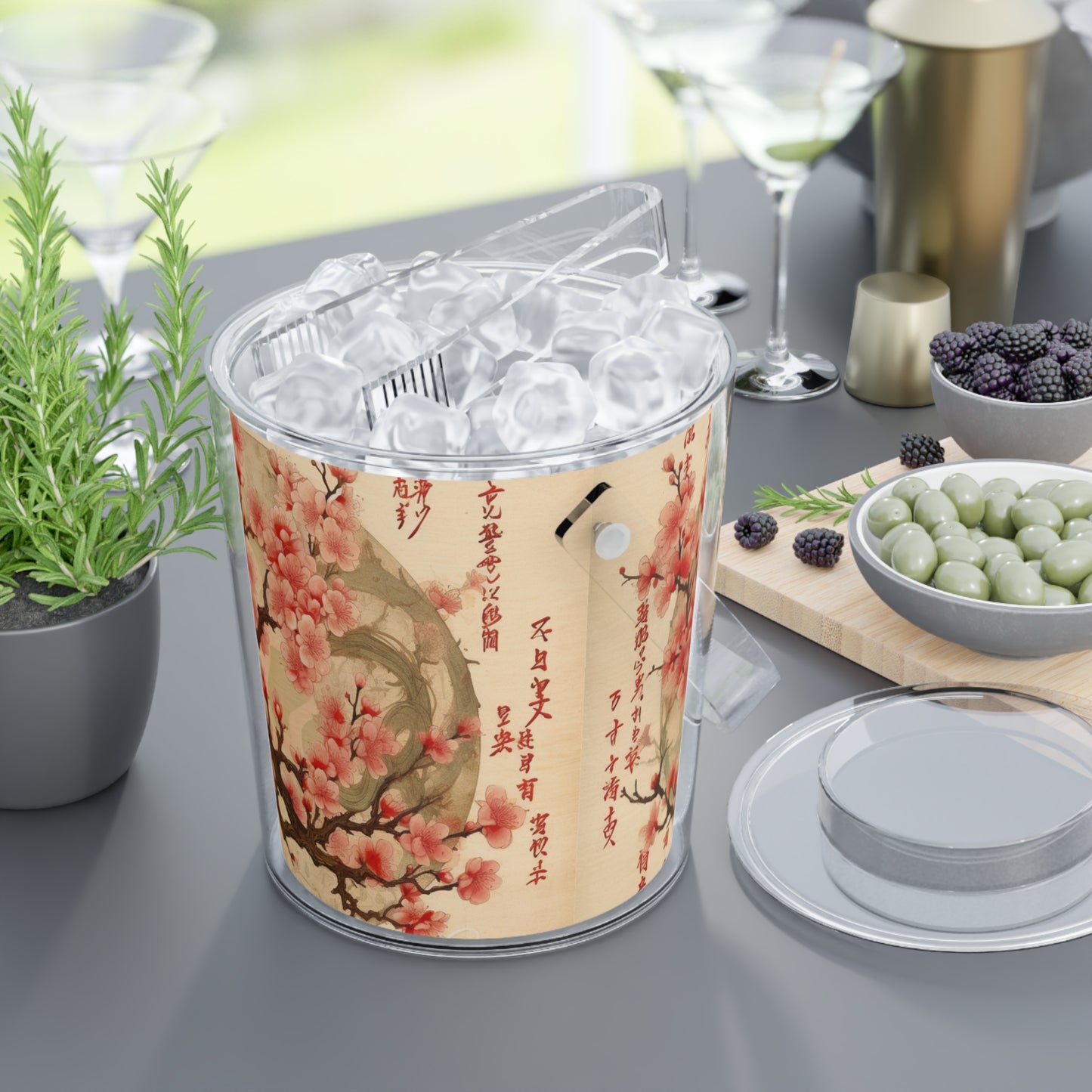 Whimsical Blossom Dreams: Ice Bucket with Tongs with Delightful Flower Drawings and Cherry Blossoms