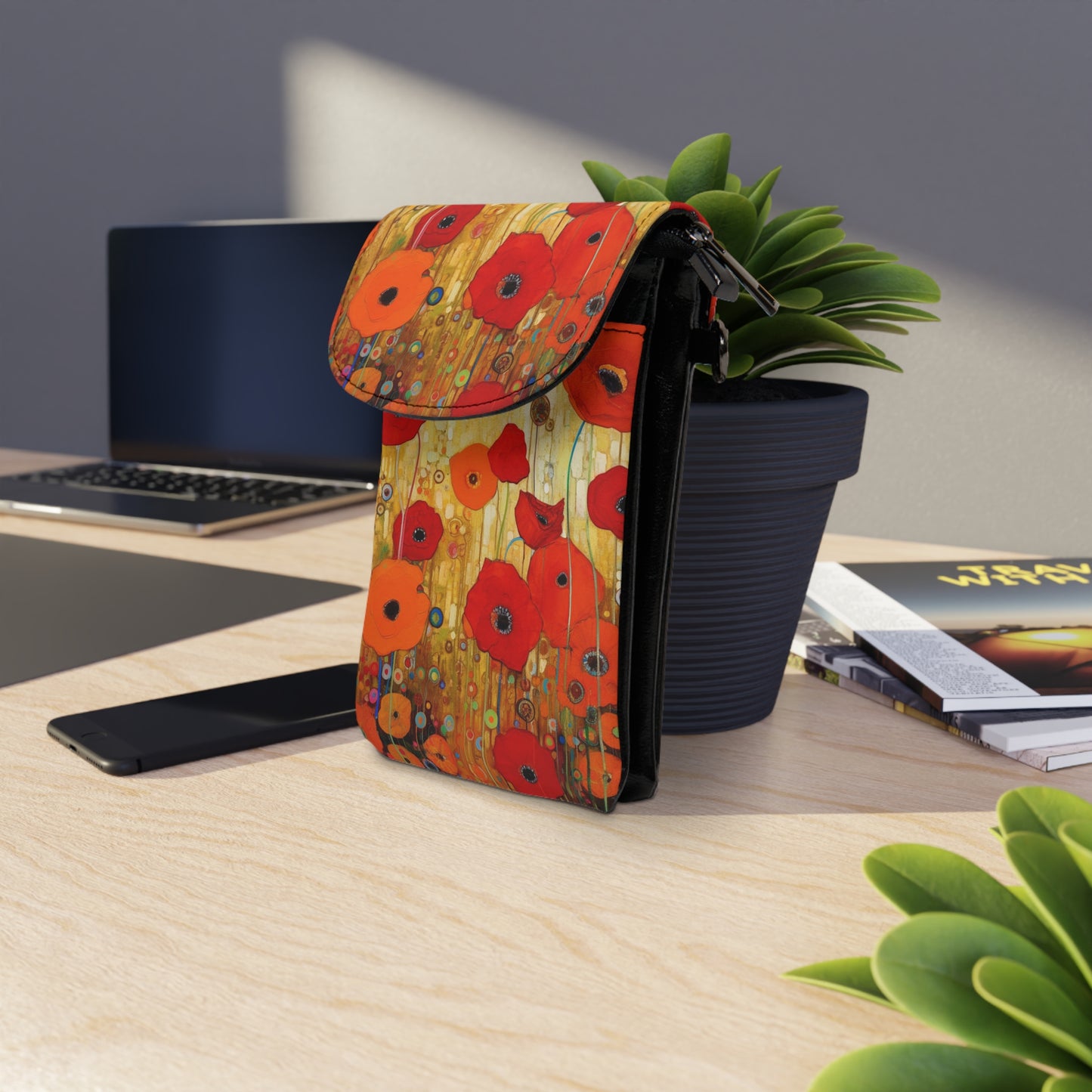 Floral Symphony: Small Cell Phone Wallet showcasing Gustav Klimt's Poppies in Art Nouveau