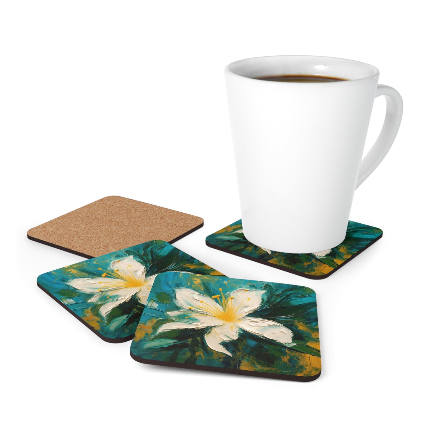 Floral Symphony: Corkwood Coaster Set featuring an Abstract Oil Painting of Jasmine