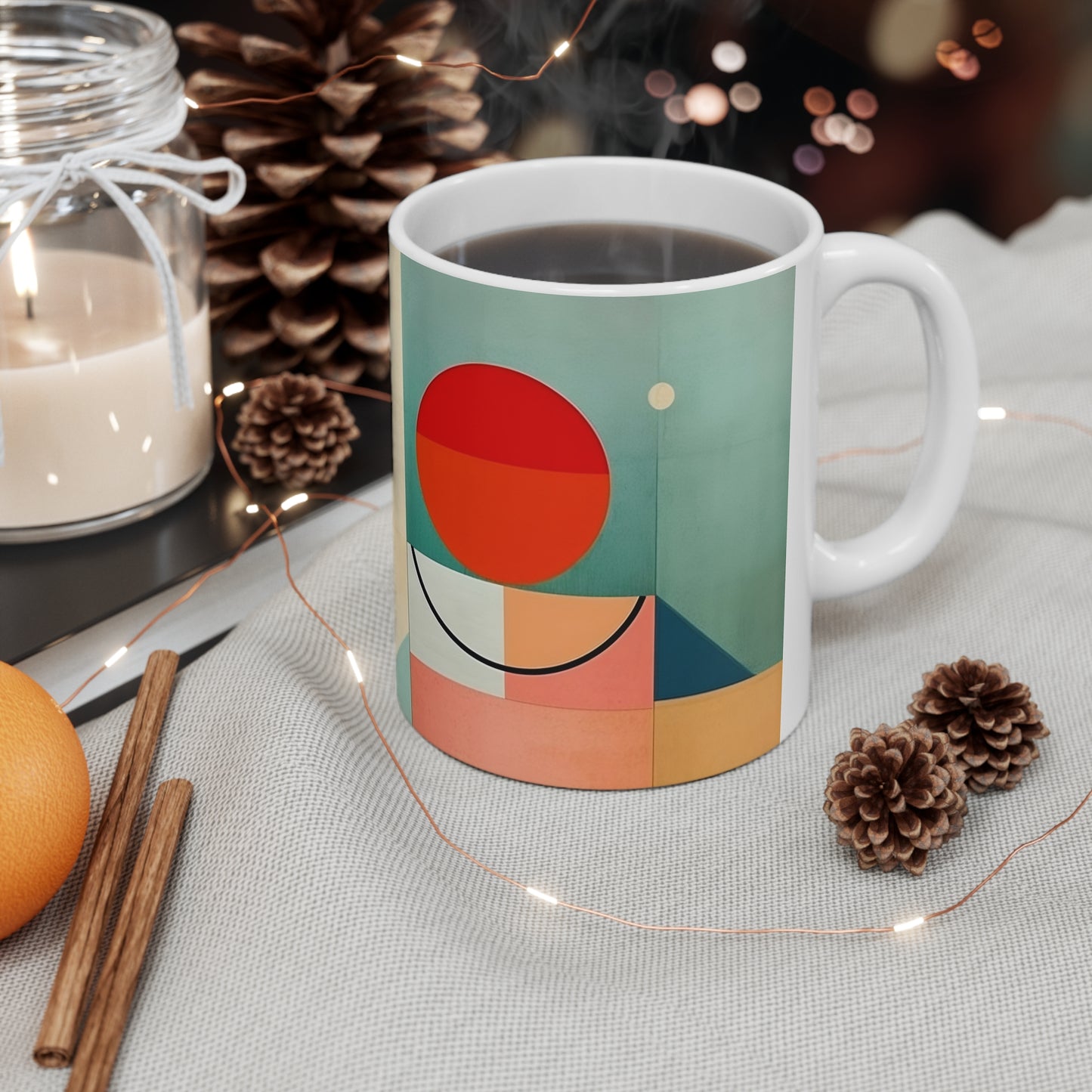 Abstract Geometric Fusion: Modern Art Mug Inspired by Atomic Age Design