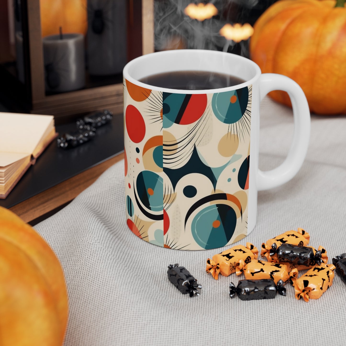 Midcentury Modern Delight: Ceramic Mug with Abstract Art and Atomic Age Design