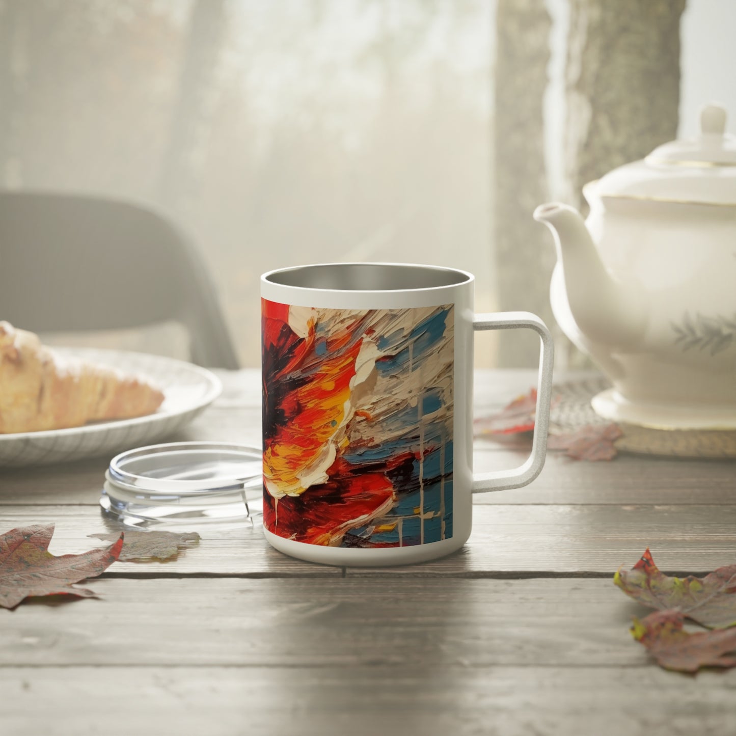 Poppy Symphony: Insulated Coffee Mug with Abstract Floral Artwork