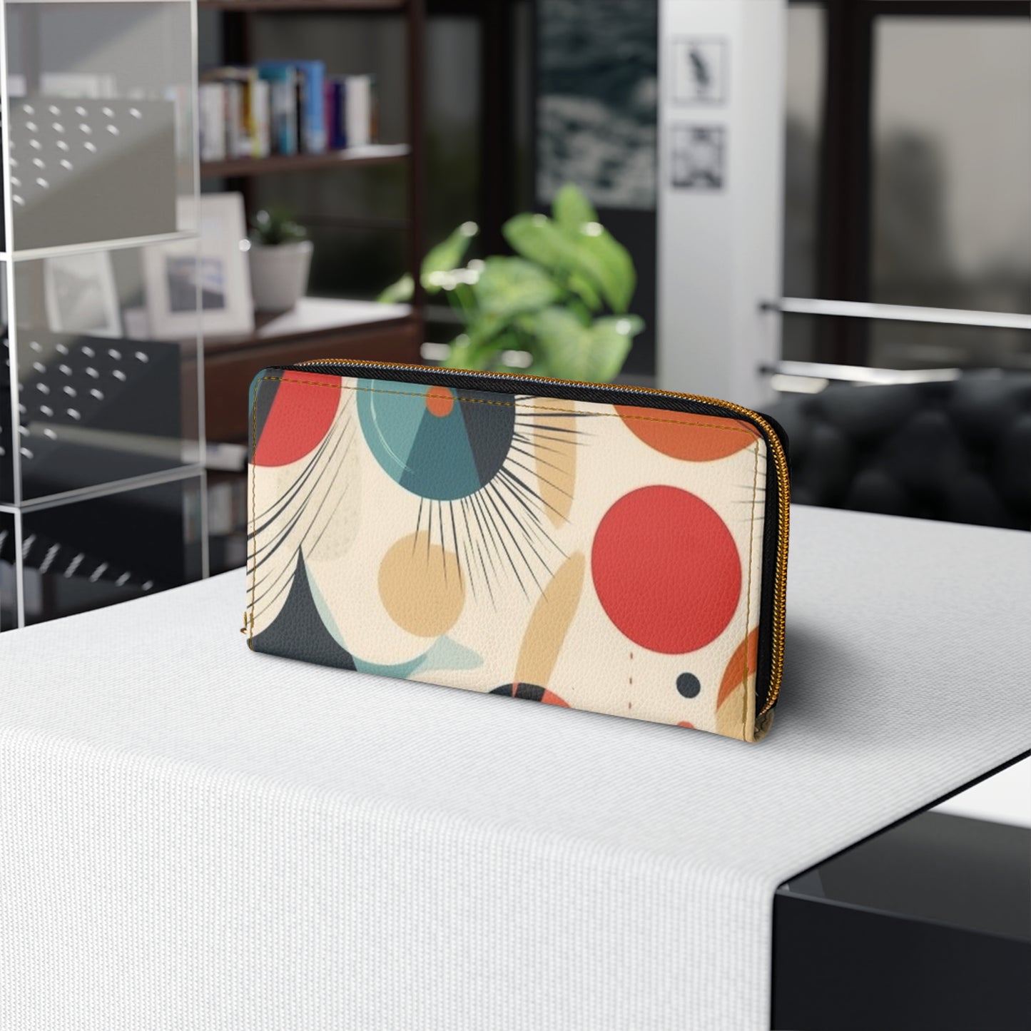Abstract Elegance: Midcentury Modern Zipper Wallet with Modern Abstract Art and Vintage Fashion