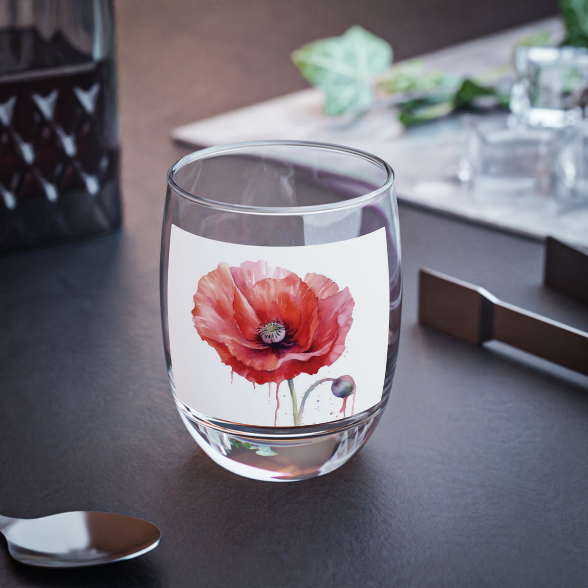 Poppy-Inspired Watercolor Whiskey Glass: A Delicate Blend of Art