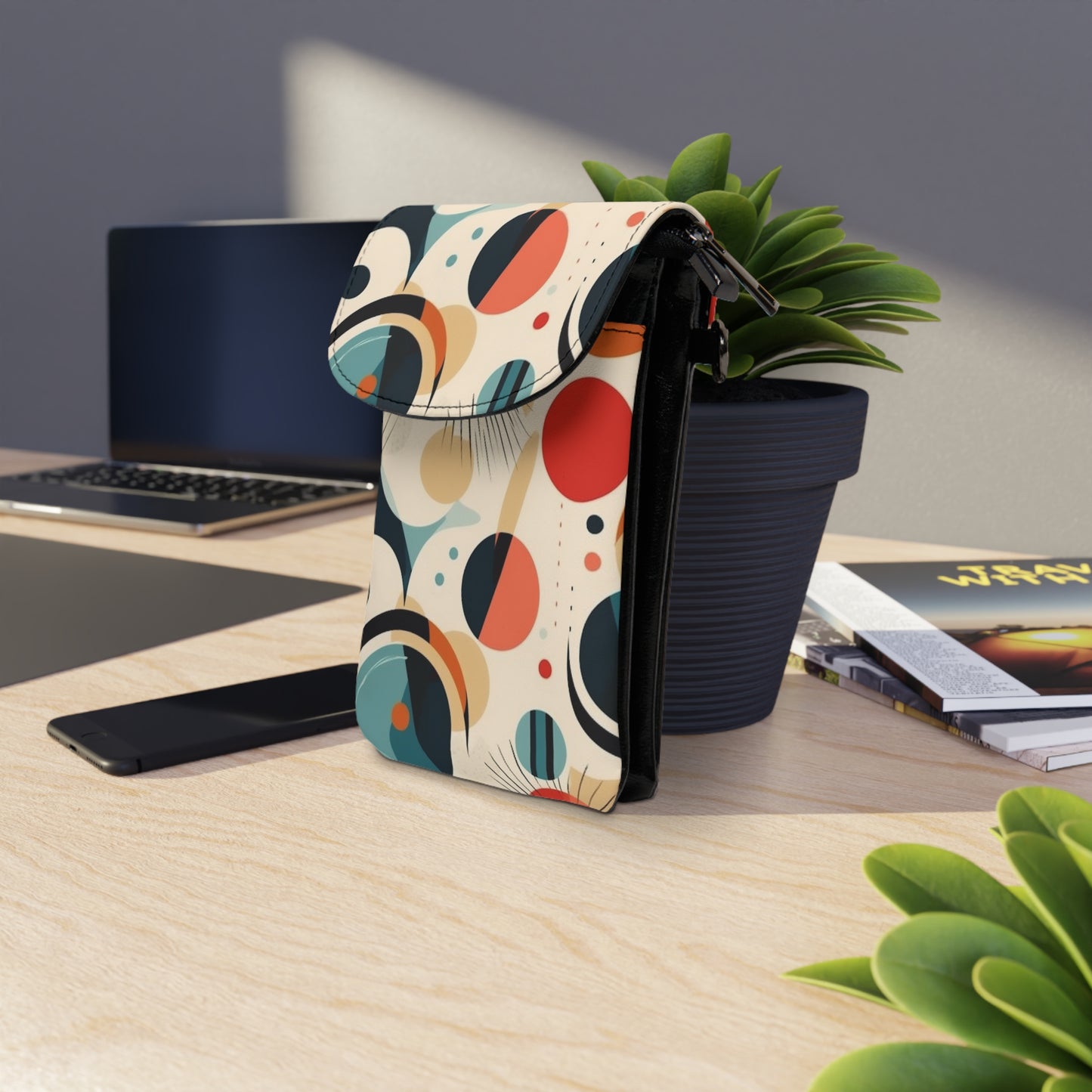 Abstract Elegance: Midcentury Modern Small Cell Phone Wallet with Modern Abstract Art and Vintage Fashion