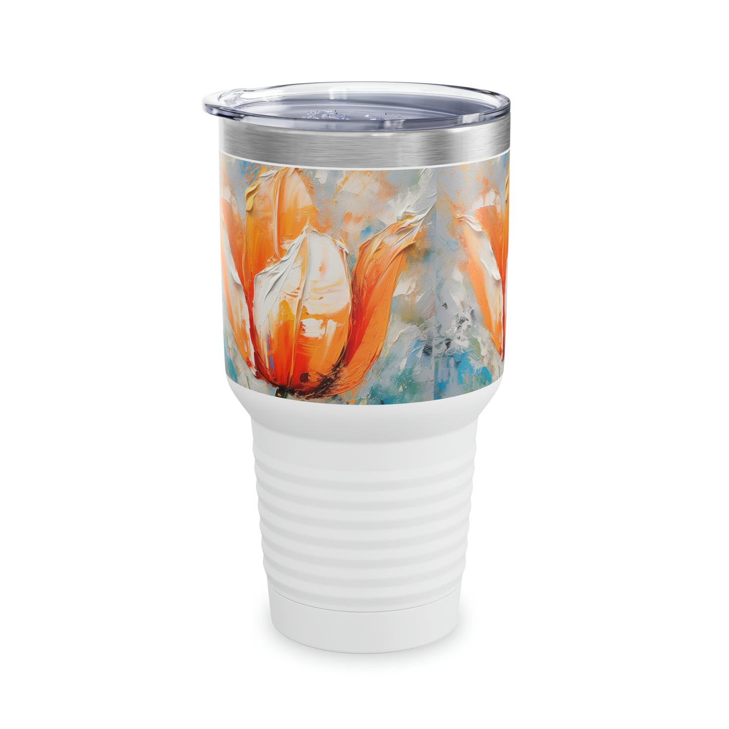 Ringneck Tumbler with Vibrant Orange Tulip: Nature's Beauty in Abstract Artistry