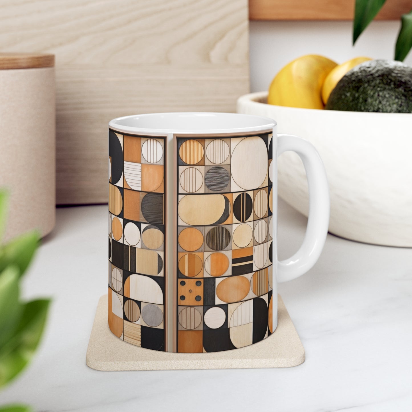 Circular Mosaic Ceramic Mug: Geometric Simplicity in Earthy Tones