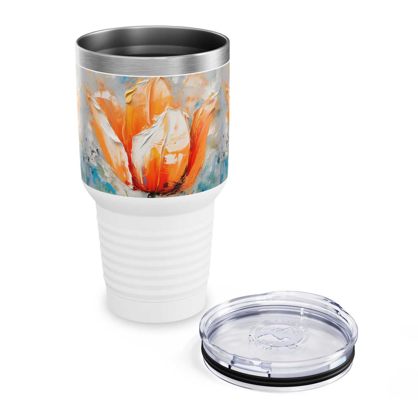 Ringneck Tumbler with Vibrant Orange Tulip: Nature's Beauty in Abstract Artistry