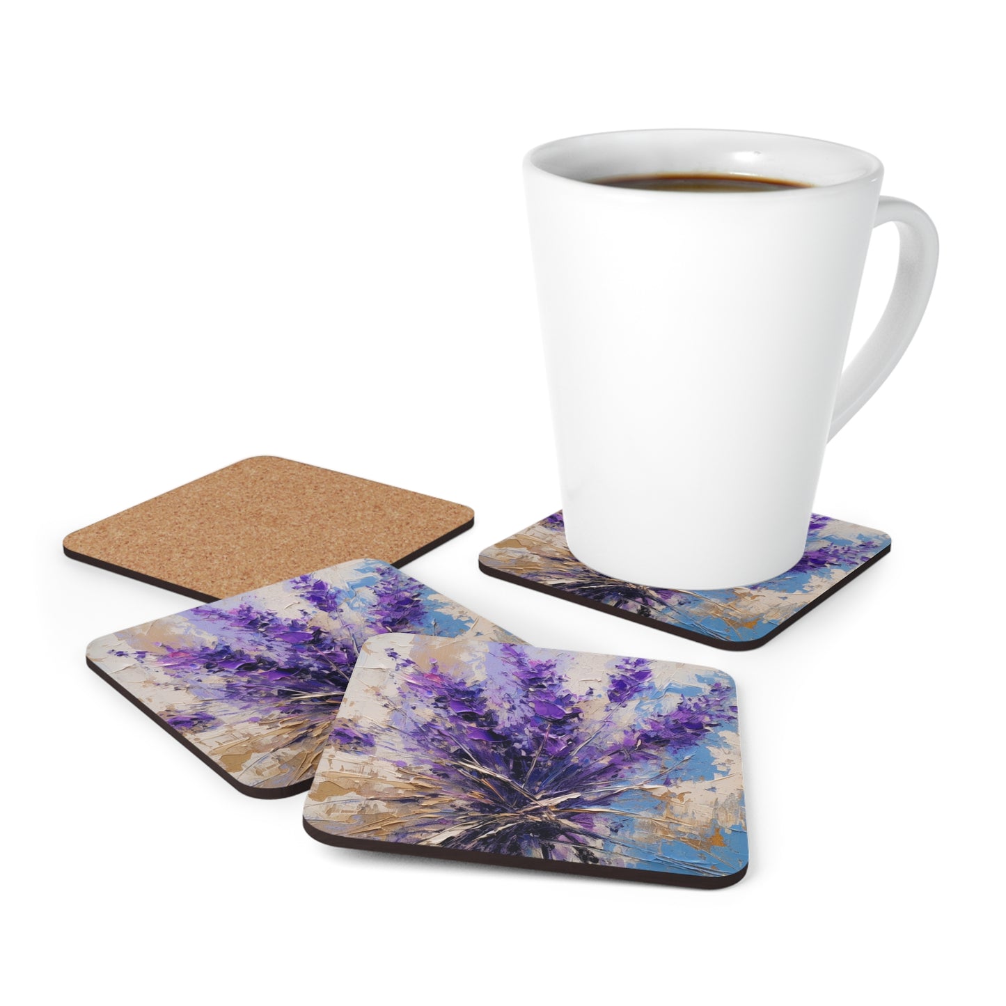 Vibrant Lavender Art on Corkwood Coaster Set: A Floral Delight for Your Senses