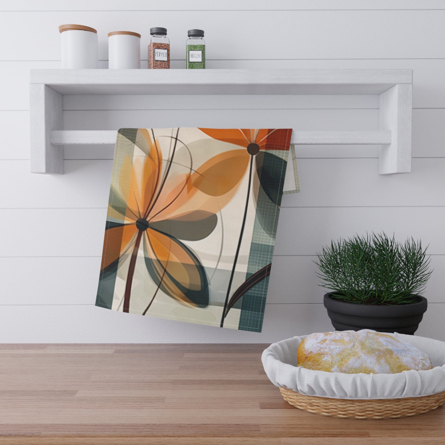 Botanical Chic: Flower Drawings and Minimalist Kitchen Towel Design with Midcentury Flair