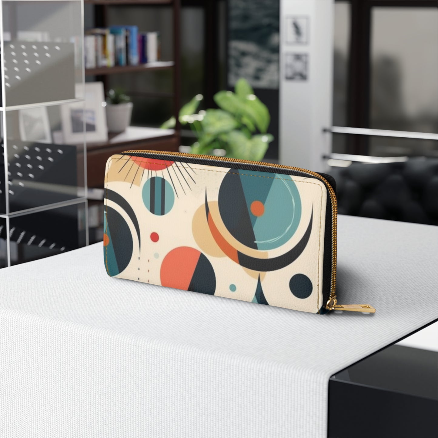 Abstract Elegance: Midcentury Modern Zipper Wallet with Modern Abstract Art and Vintage Fashion