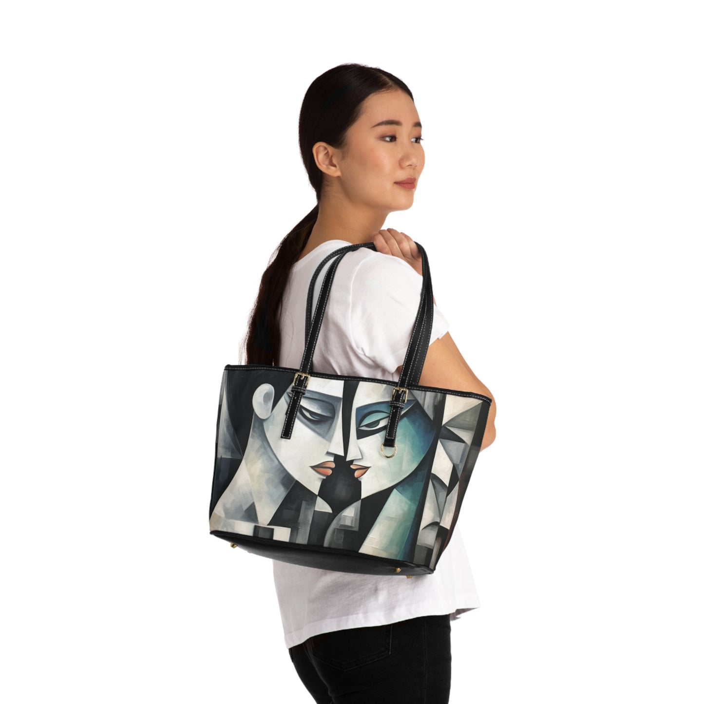 PU Leather Shoulder Bag with Cubist Art Finesse and Abstract Flair