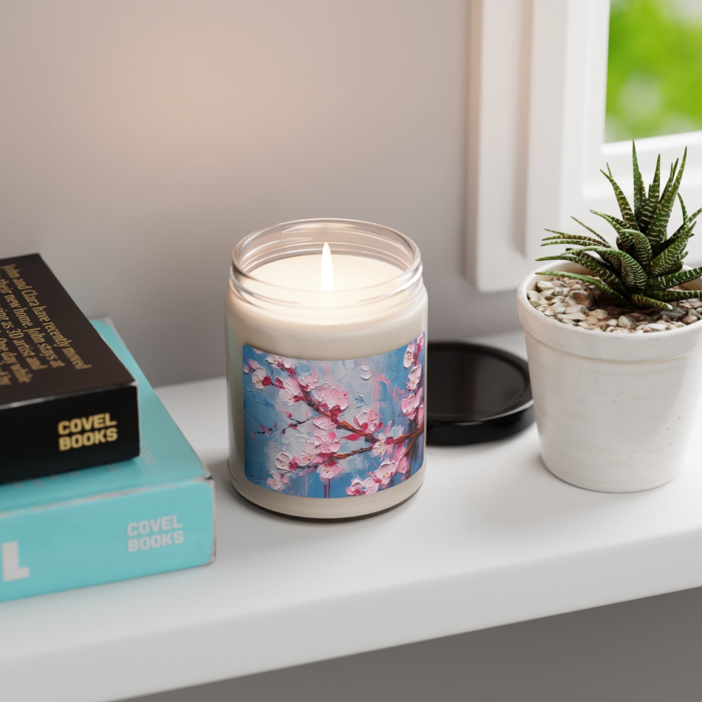 Scented Soy Candle with Abstract Cherry Blossom Drawing: Embrace the Serenity