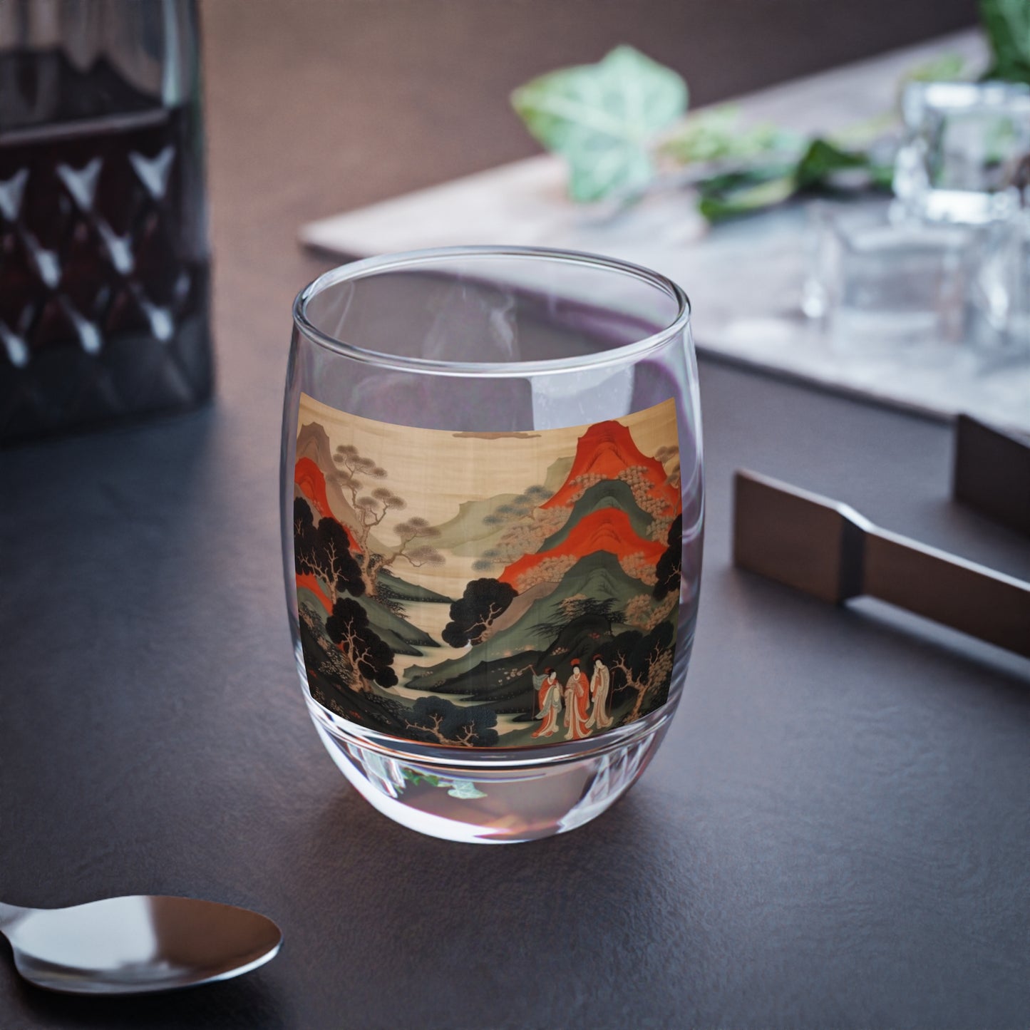 Custom Japanese Tapestry on a Whiskey Glass - Elevate Your Drink Experience with Unique Artistic Expression