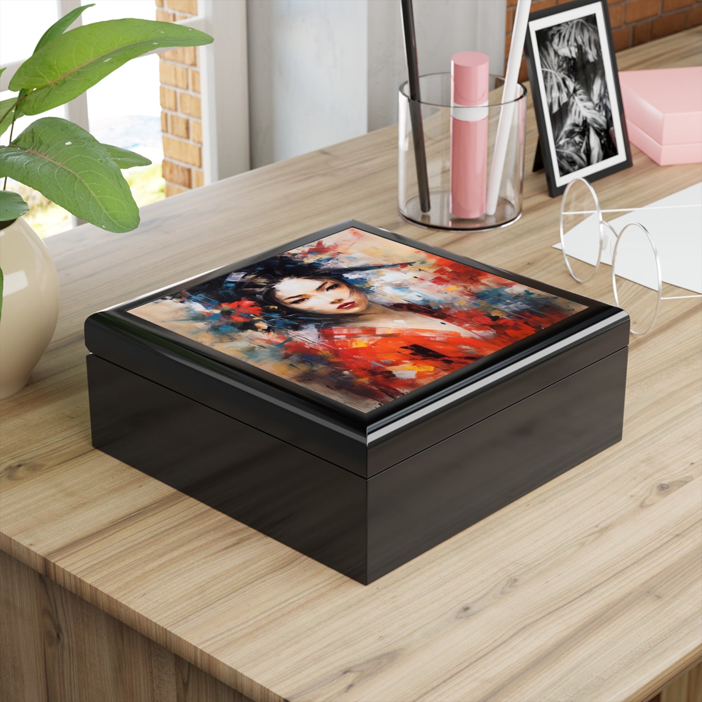 Abstract Geisha Art Jewelry Box: Captivating Brushstrokes in a Japanese Aesthetic