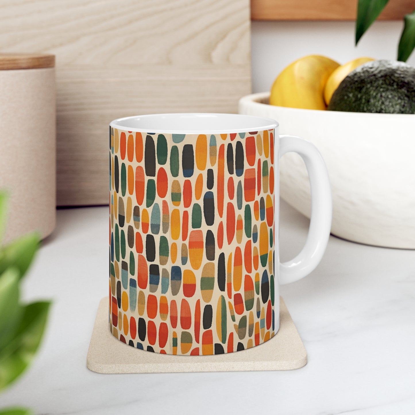 Primary Abstraction Ceramic Mug: A Fusion of Shapes and Colors Across Generations