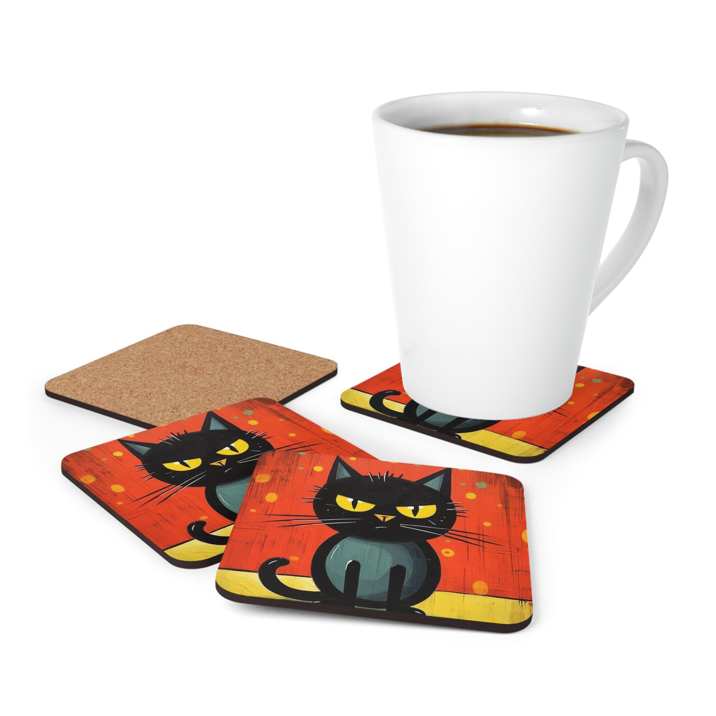 Fashionably Retro Feline: Midcentury Modern Corkwood Coaster Set with a Vintage Cat-Inspired Flair