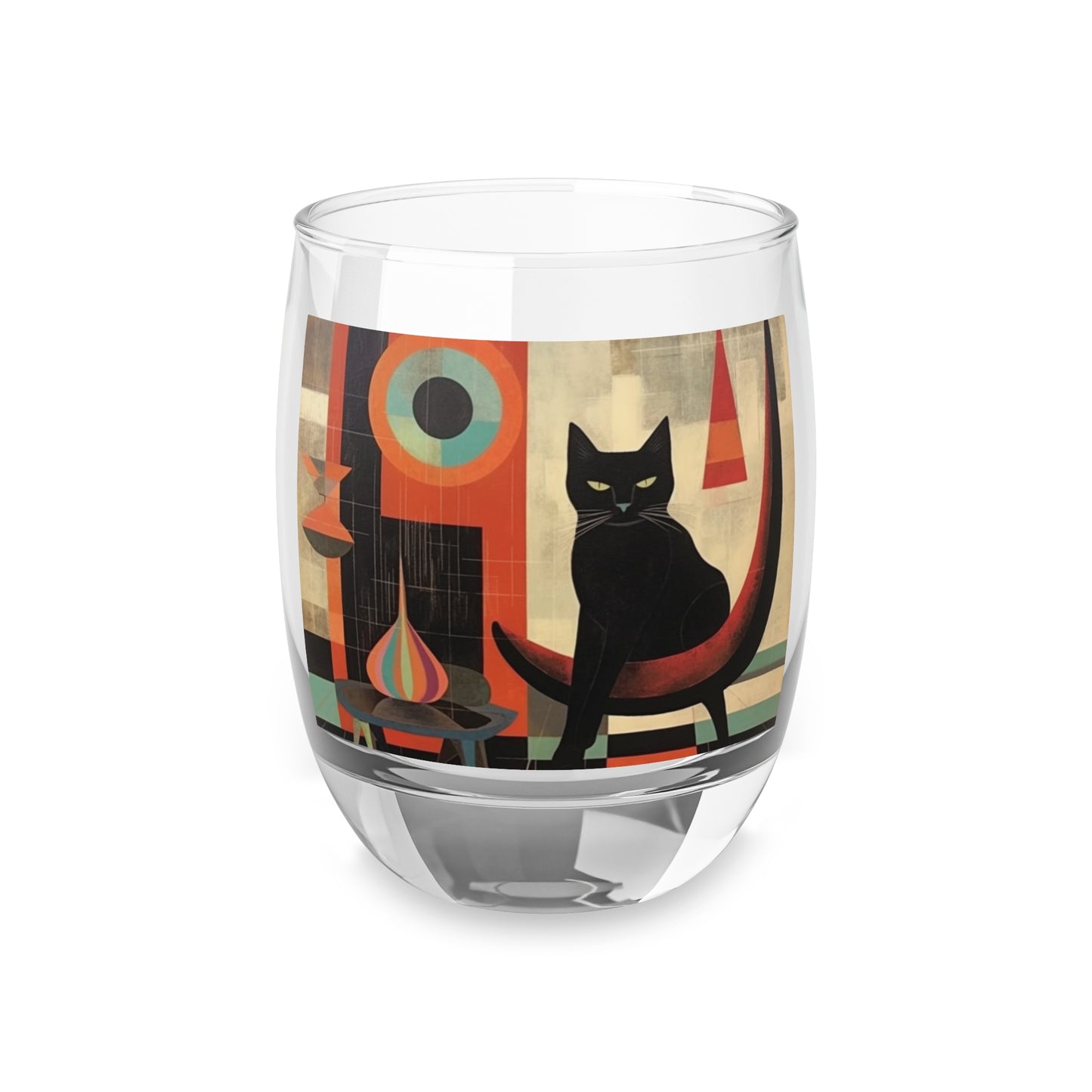 Atomic Whisker Delight: Midcentury Modern Whiskey Glass with Vintage Fashion and Playful Cat Motifs
