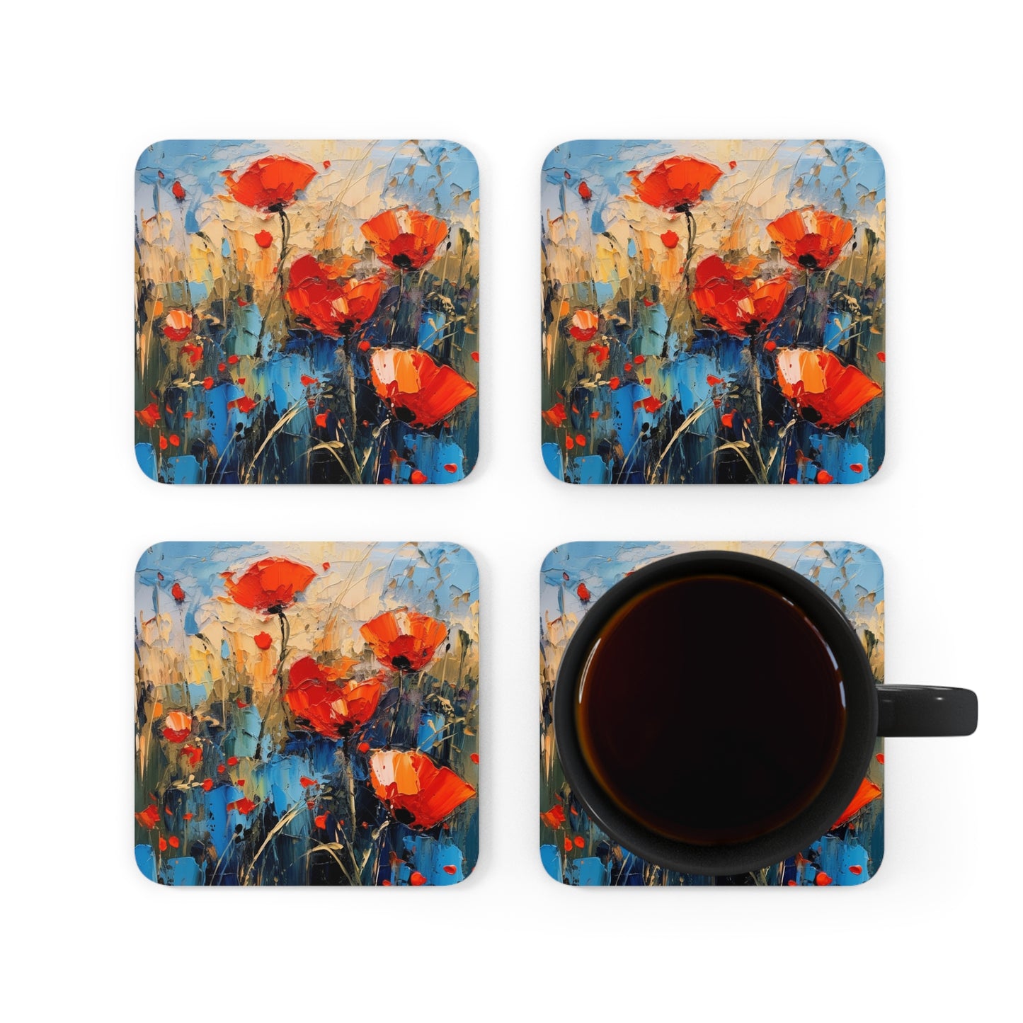 Corkwood Coaster Set Paradise: Abstract Poppy Artwork and Flower Drawings