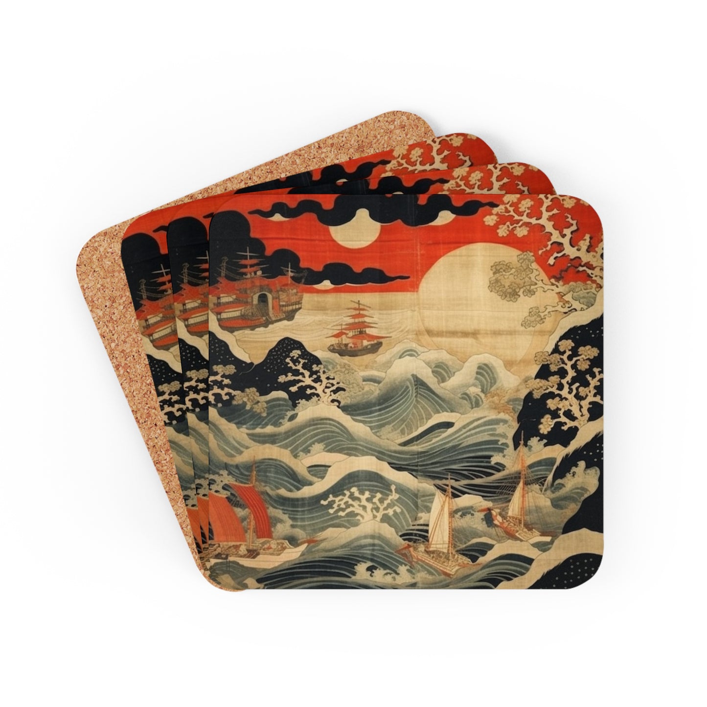 Artistic Fusion - Where Japanese Tapestry Meets the Perfect Corkwood Coaster Set