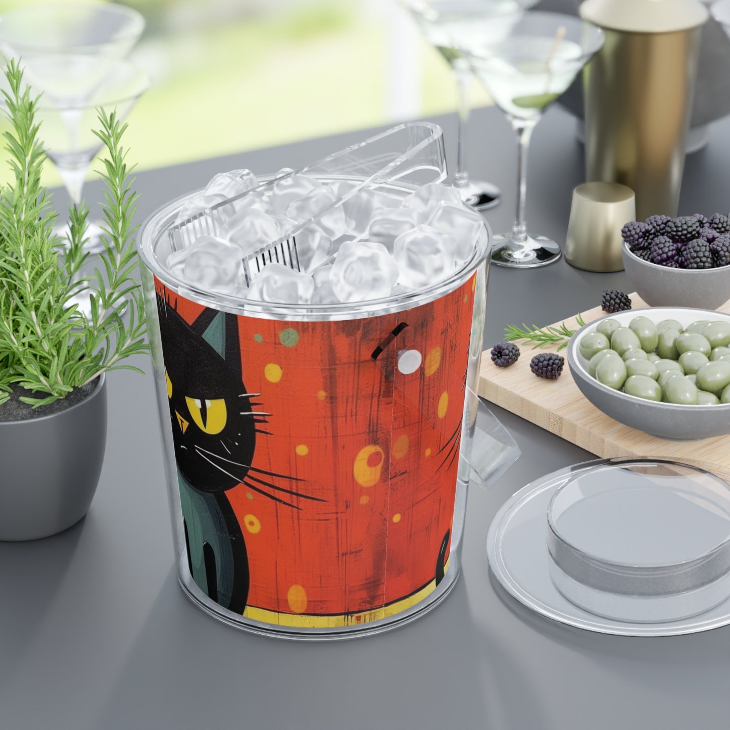 Fashionably Retro Feline: Midcentury Modern Ice Bucket with Tongs with a Vintage Cat-Inspired Flair
