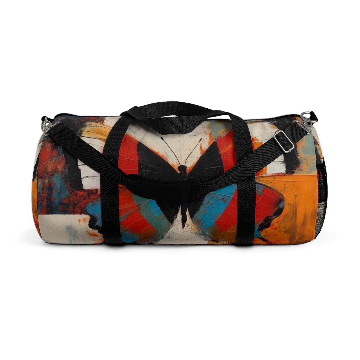 Bauhaus-Inspired Butterfly Symphony: Duffel Bag with Vibrant Colors and Intricate Details