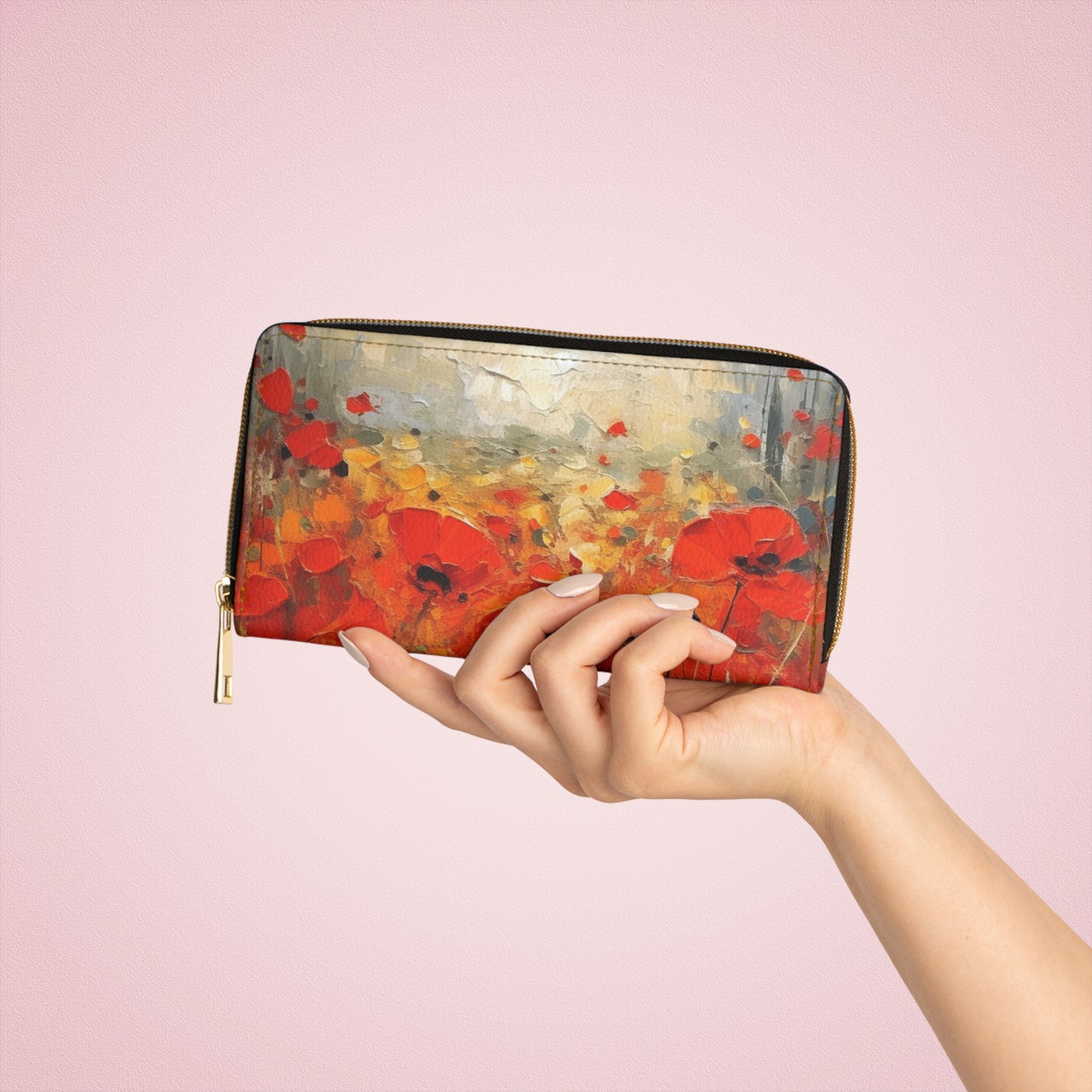 Whimsical Poppy Art on Zipper Wallet