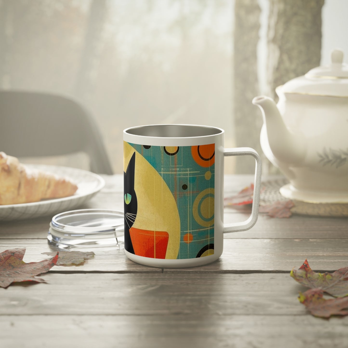 Cat Lover's Delight: Insulated Coffee Mug with Atomic Age Design and Midcentury Flair